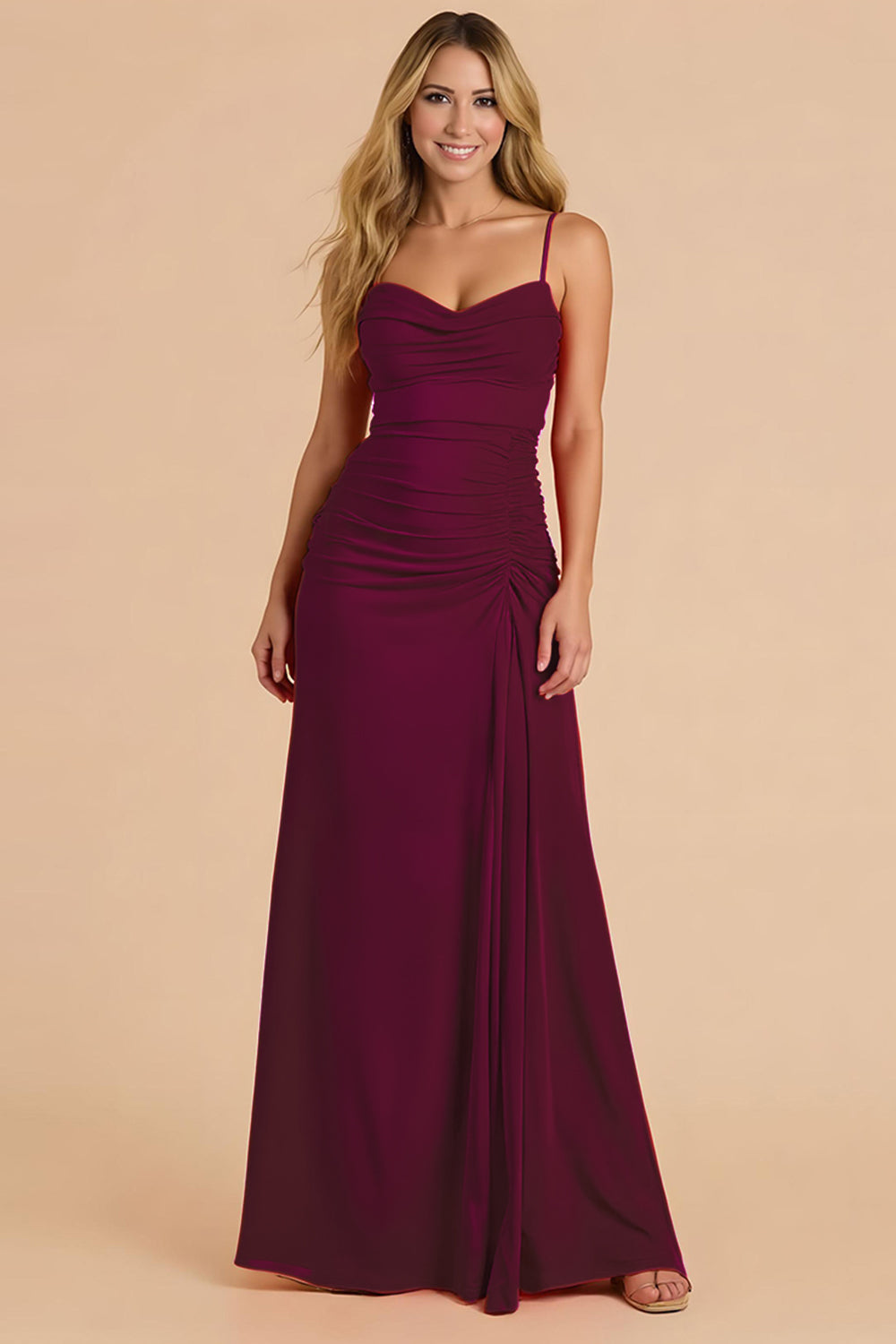 Burgundy Spagheeti Straps Ruched A Line Long Bridesmaid Dress