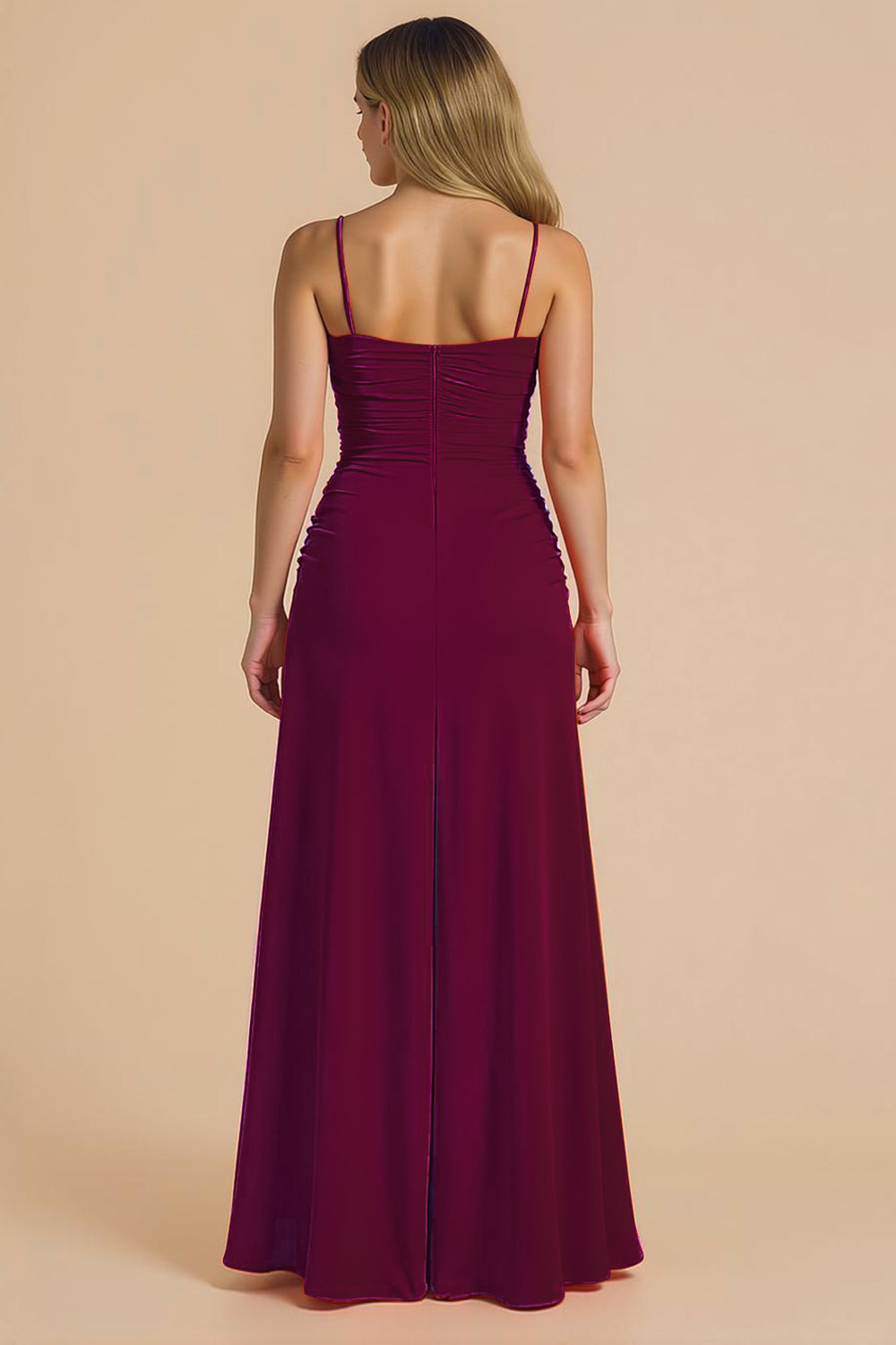 Burgundy Spagheeti Straps Ruched A Line Long Bridesmaid Dress