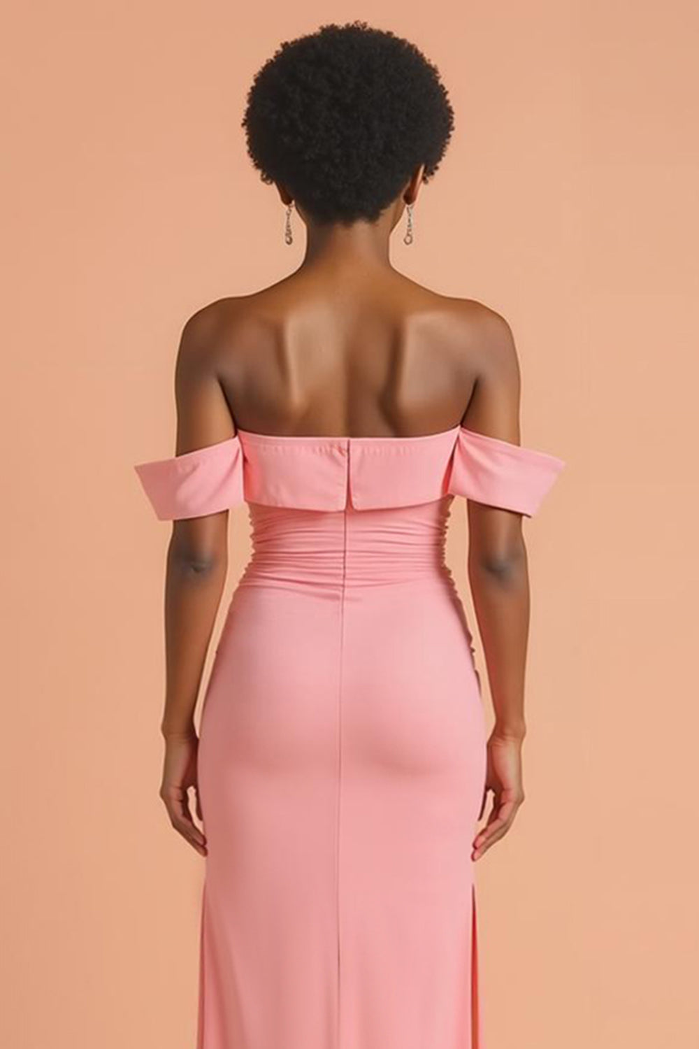Pink Sheath Off the Shoulder Long Bridesmaid Dress with Slit