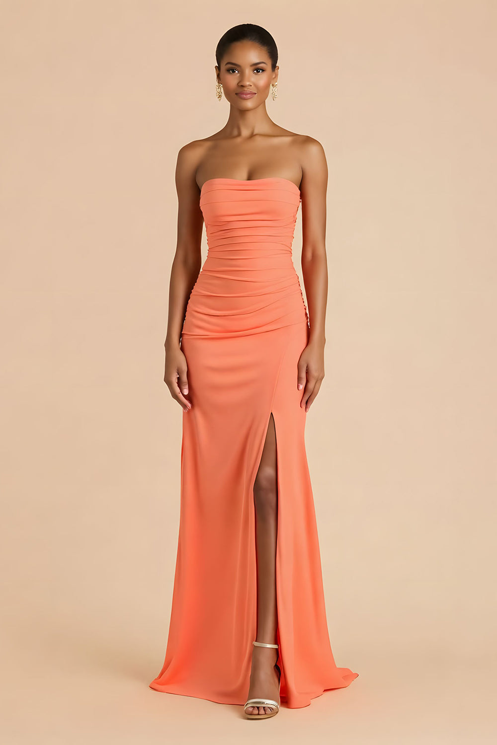 Orange Strapless Satin Sheath Long Bridesmaid Dress with Slit
