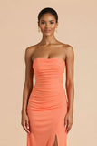 Orange Strapless Satin Sheath Long Bridesmaid Dress with Slit