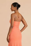 Orange Strapless Satin Sheath Long Bridesmaid Dress with Slit
