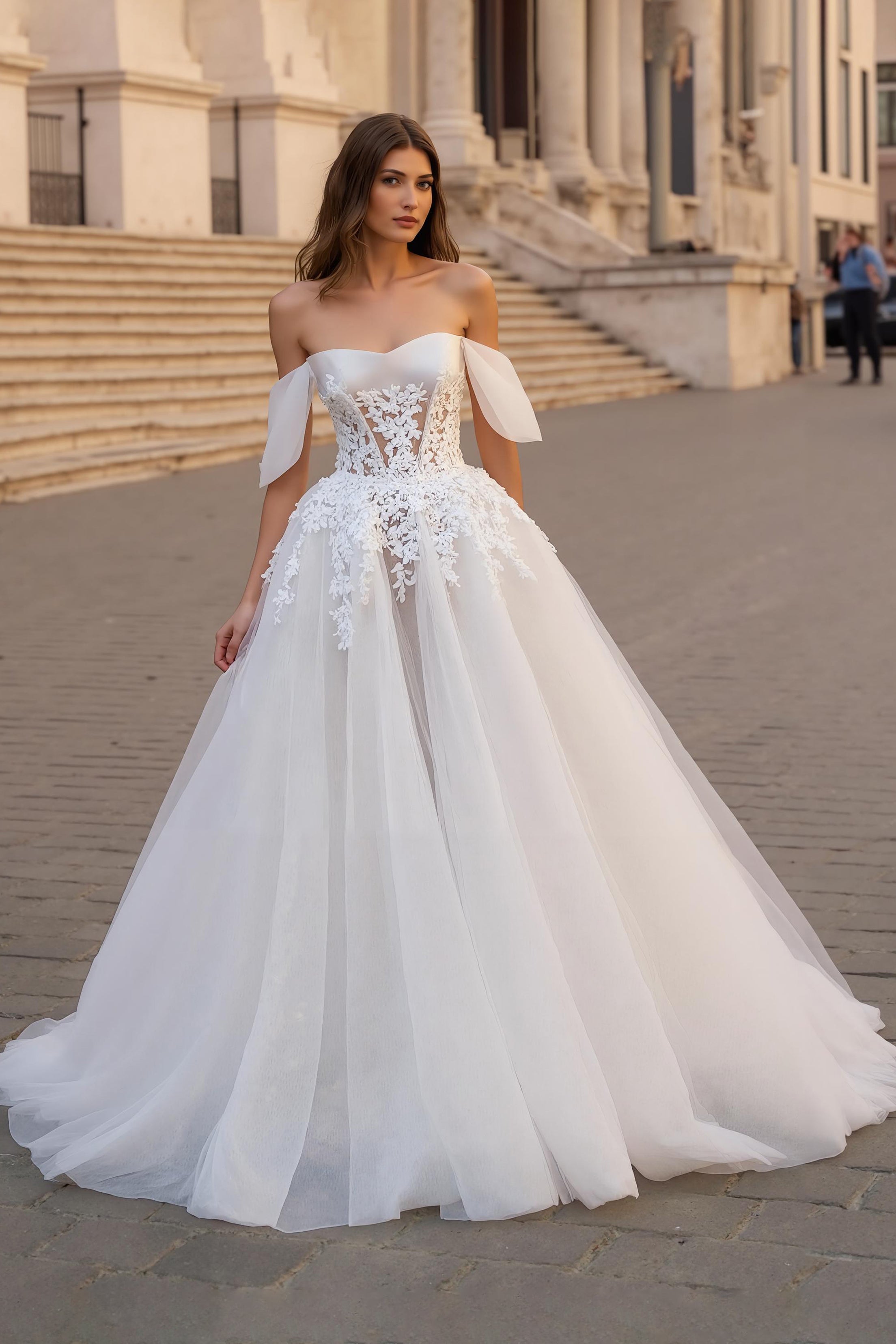 Off The Shoulder Ivory Appliqued A Line Sweep Train Wedding Dress