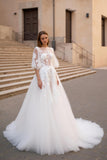 Ivory Appliqued A Line Sweep Train Floral Wedding Dress With Sleeves