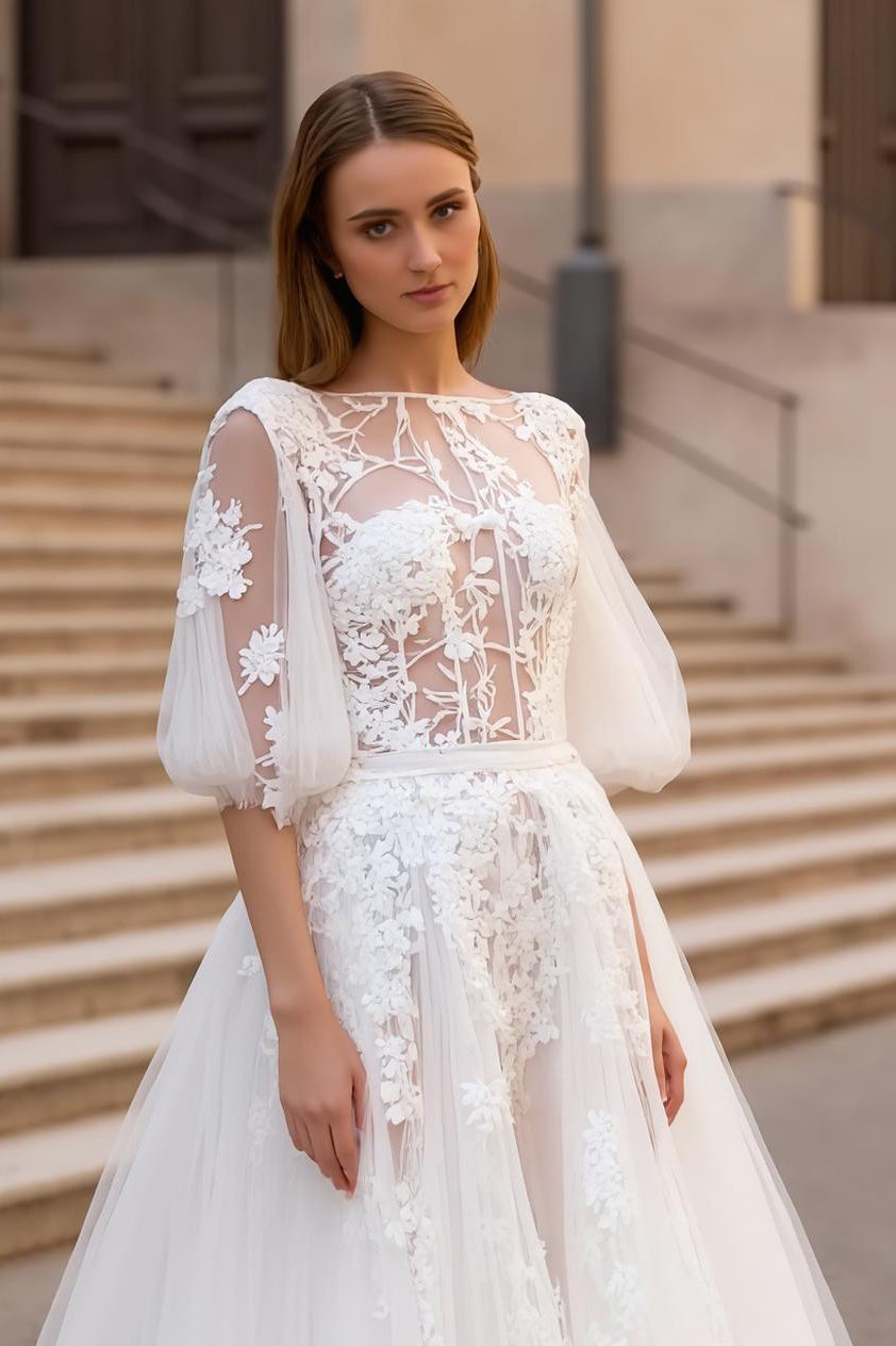 Ivory Appliqued A Line Sweep Train Floral Wedding Dress With Sleeves