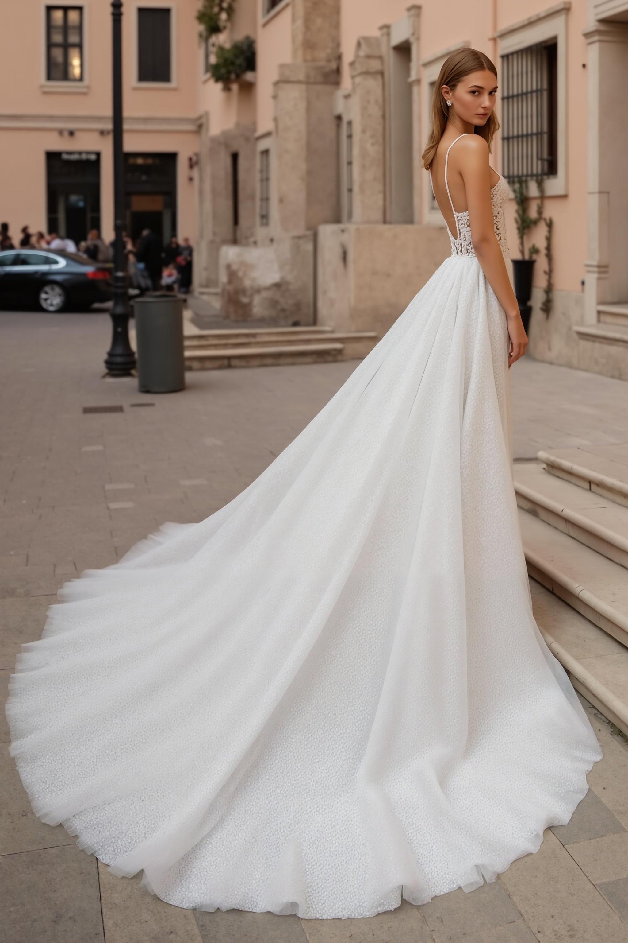 Ivory Backless A Line Sweep Train Wedding Dress With Lace