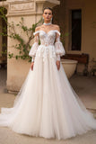 Ivory Off The Shoulder Sweep Train Tulle Wedding Dress With Sleeves