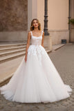 Ivory A Line Square Neck Corset Tulle Court Train Wedding Dress With Lace