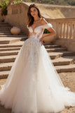 A-Line Ivory Off The Shoulder Tulle Court Train Wedding Dress With Lace Appliques