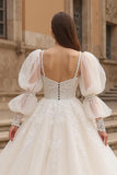 Ivory A Line Square Neck Puff Sleeves Chapel Train Wedding Dress With Lace Appliques
