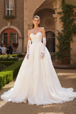 A Line Ivory Strapless Corset Sweetheart Tulle Court Train Wedding Dress With Lace