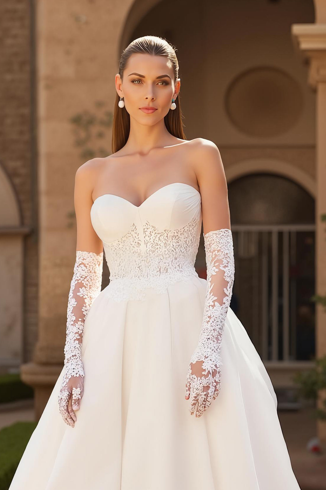 A Line Ivory Strapless Corset Sweetheart Tulle Court Train Wedding Dress With Lace
