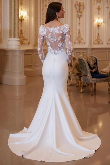 Mermaid White Illusion Neck Long Sleeves Court Train Wedding Dress With Lace
