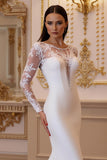Mermaid White Illusion Neck Long Sleeves Court Train Wedding Dress With Lace