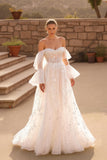 Ivory A Line Off The Shoulder Flare Sleeve Chapel Train Wedding Dress With Lace Appliques