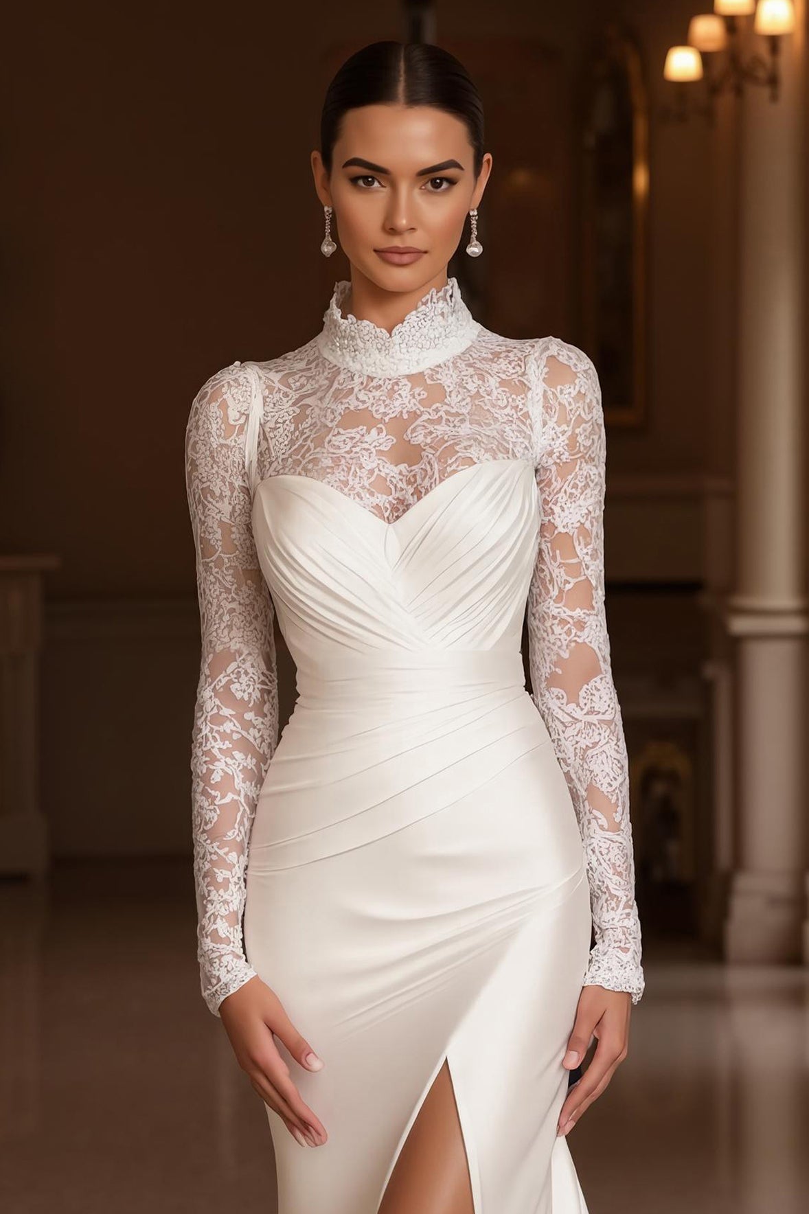 Ivory Mermaid High Neck Long Sleeve Court Train Wedding Dress With Lace