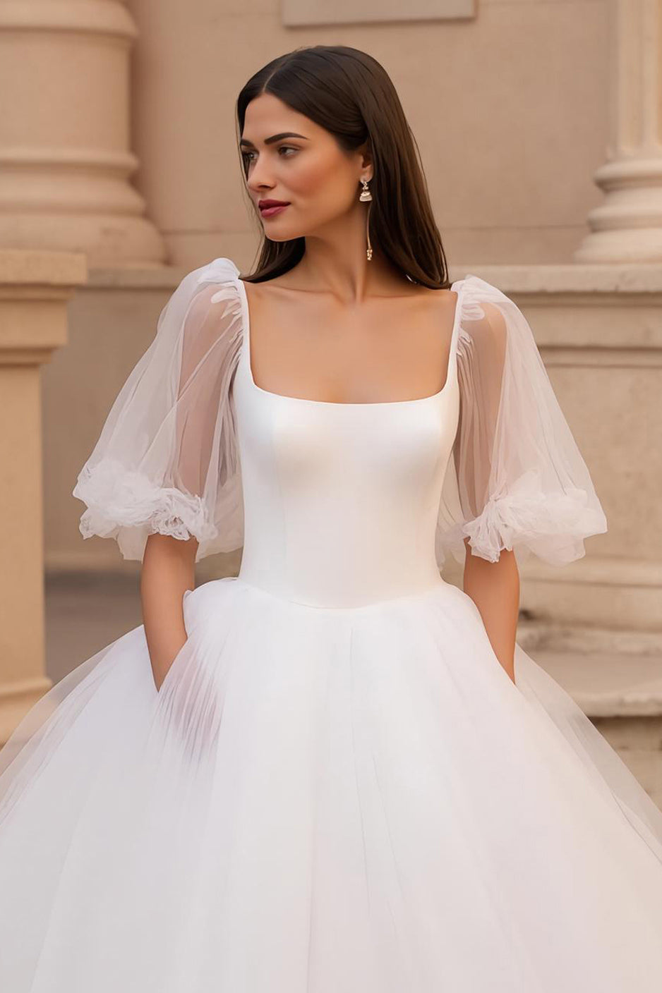 Ivory A Line Square Neck Half Sleeve Tulle Court Train Wedding Dress