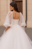 Ivory A Line Square Neck Half Sleeve Tulle Court Train Wedding Dress
