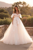 Ivory A Line Off The Shoulder Flutter Sleeve Court Train Wedding Dress With Lace