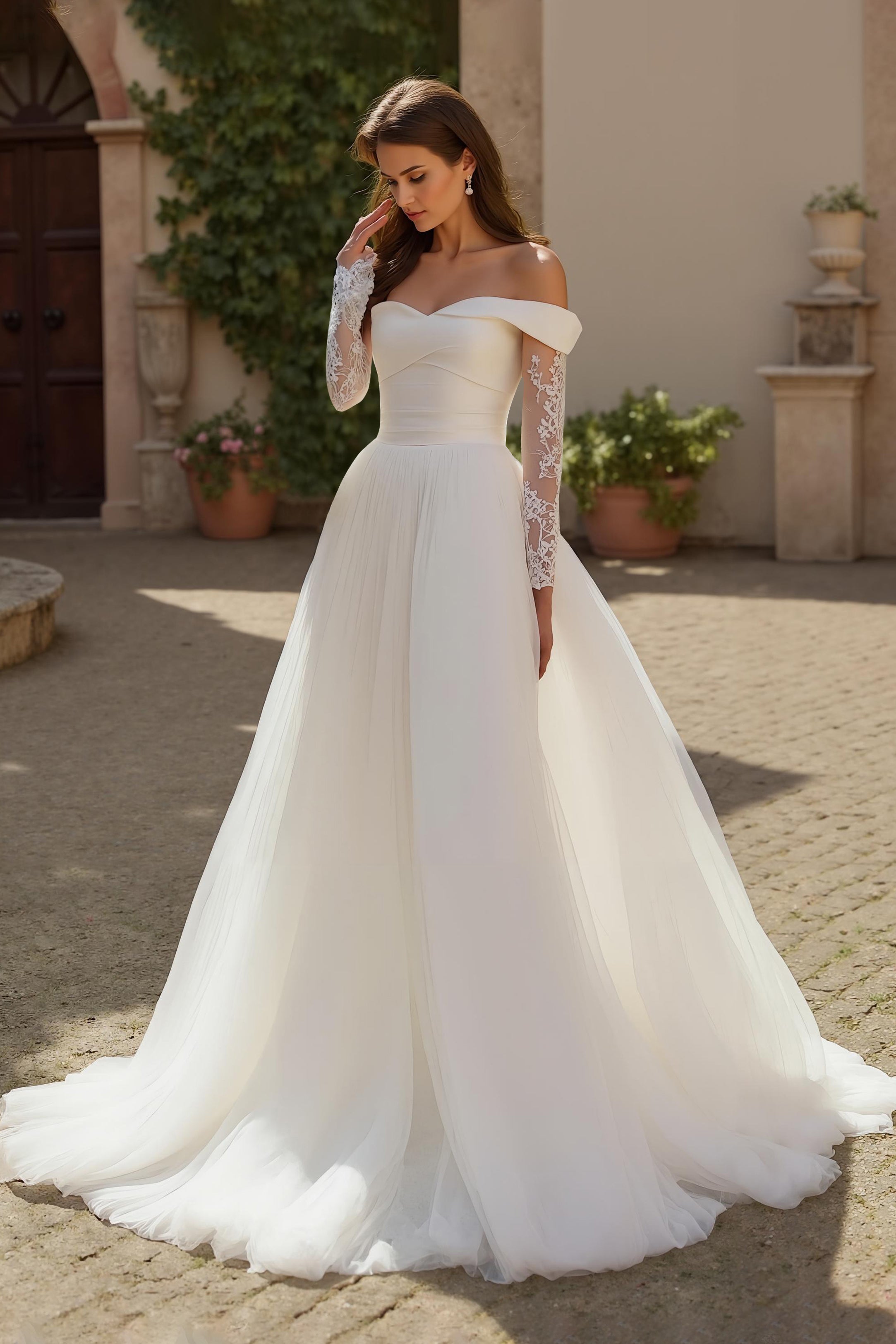 Ivory A Line Off The Shoulder Tulle Court Train Wedding Dress With Lace