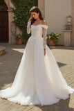 Ivory A Line Off The Shoulder Tulle Court Train Wedding Dress With Lace