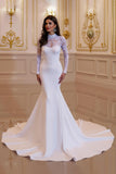 White Satin Mermaid High Neck Ruched Court Train Wedding Dress With Lace