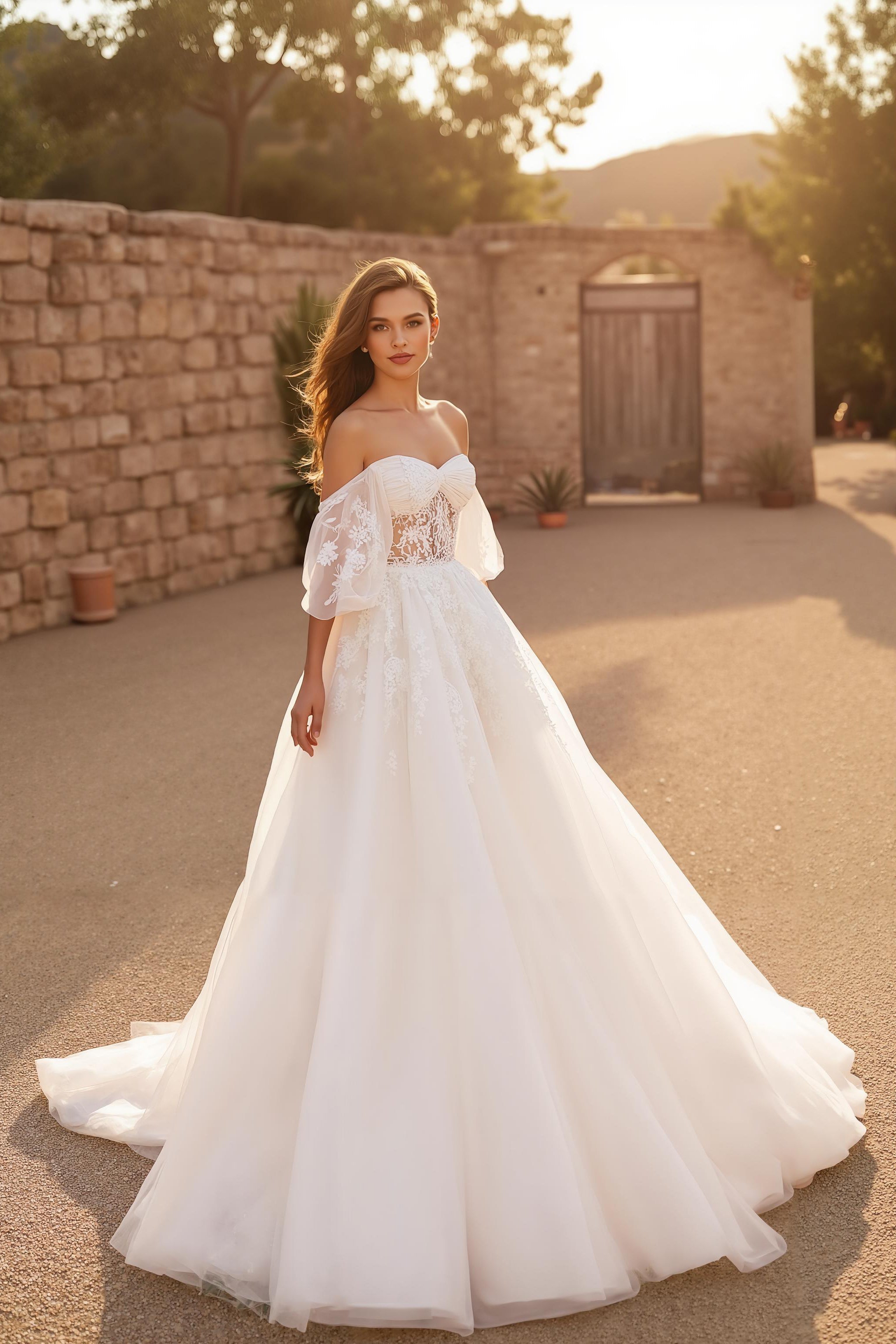 Flutter Sleeve Ivory Tulle Off The Shoulder Corset Long Wedding Dress