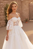 Flutter Sleeve Ivory Tulle Off The Shoulder Corset Long Wedding Dress