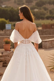 Flutter Sleeve Ivory Tulle Off The Shoulder Corset Long Wedding Dress