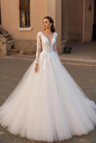 V Neck Lace Ivory Tulle A Line Long Wedding Dress With Long Sleeves