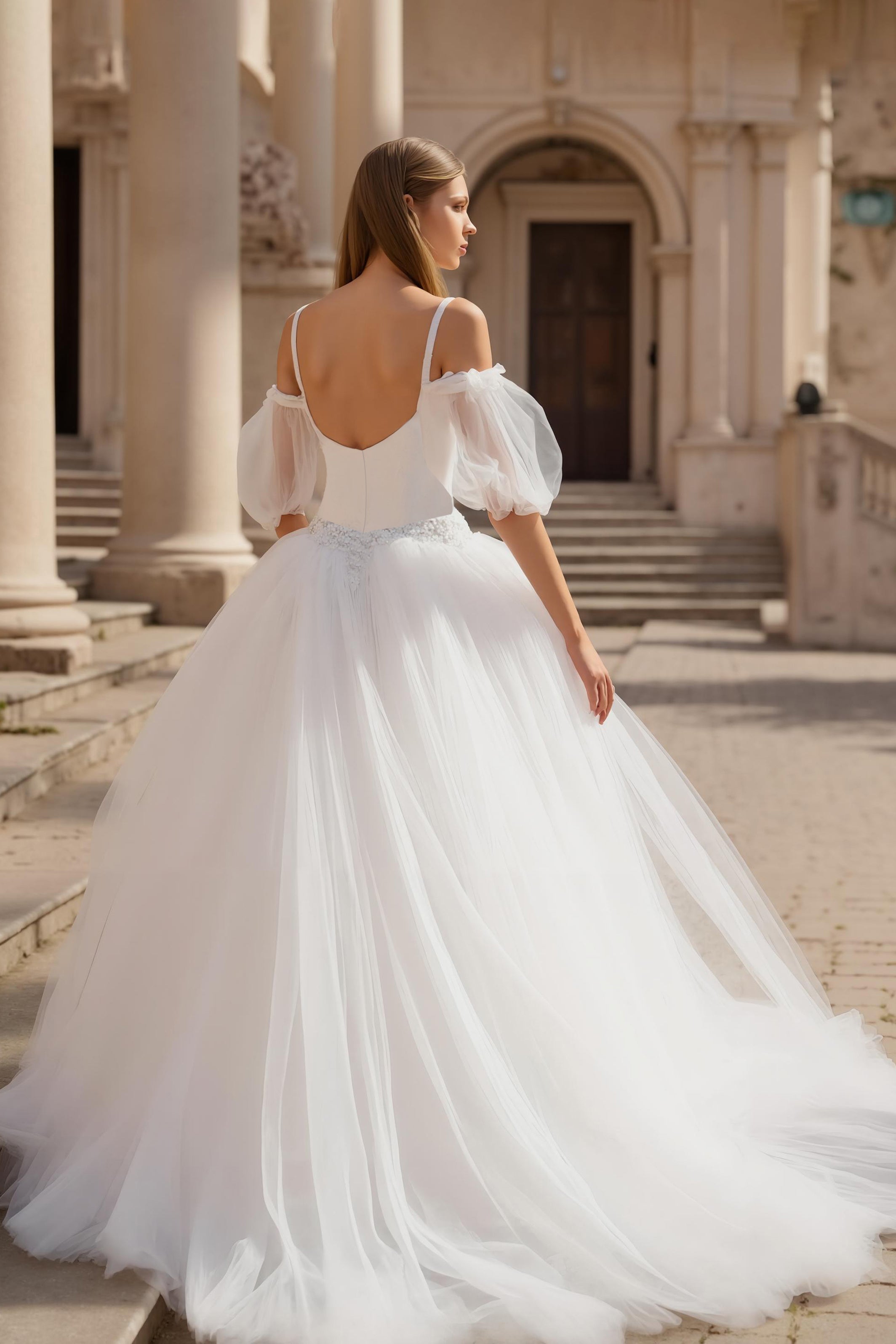 Square Neck Cold Shoulder A Line Tulle Wedding Dress