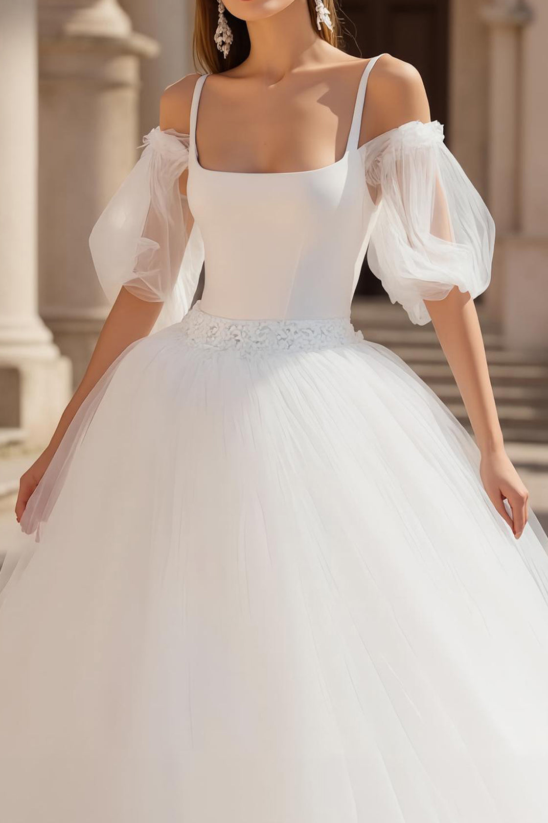 Square Neck Cold Shoulder A Line Tulle Wedding Dress