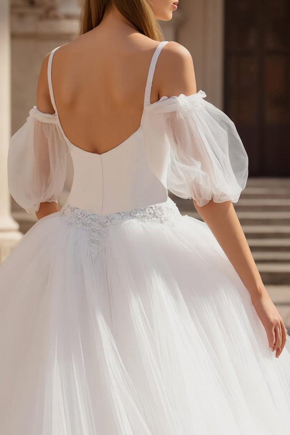 Square Neck Cold Shoulder A Line Tulle Wedding Dress