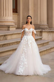 Ivory A Line Off the Shoulder Lace Appliqued Sweep Train Wedding Dress