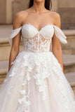 Ivory A Line Off the Shoulder Lace Appliqued Sweep Train Wedding Dress