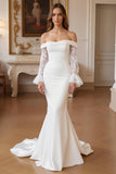 Ivory Mermaid Satin Off The Shoulder Sweep Train Wedding Dress with Lace