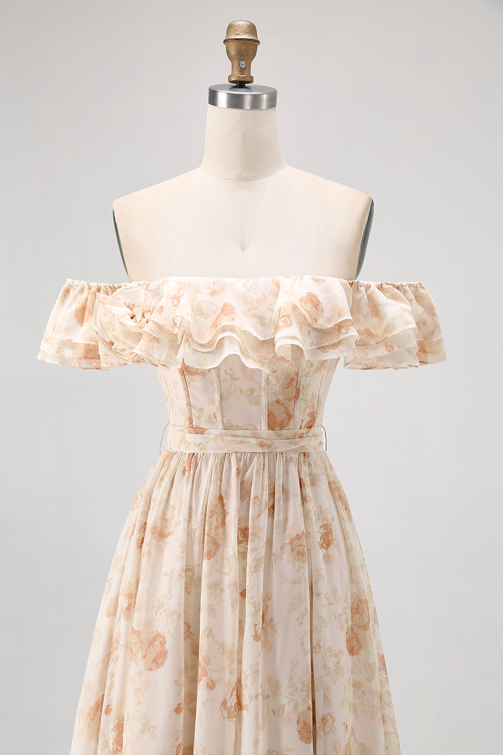 Champagne Floral Ruffled Corset A Line Bridesmaid Dress With Slit