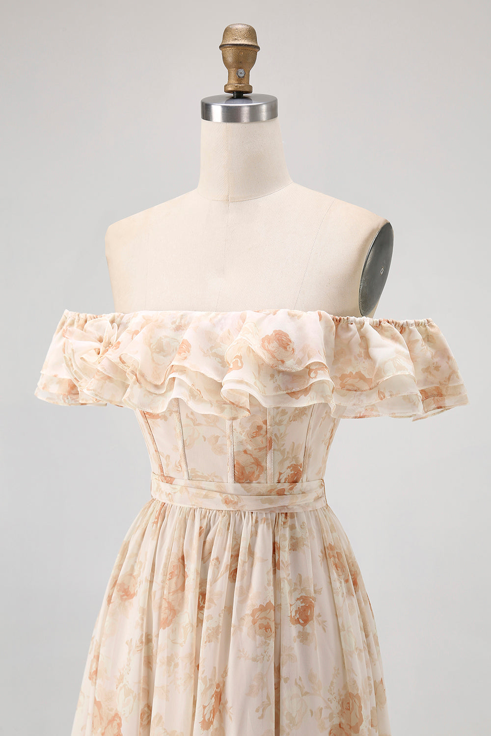 Champagne Floral Ruffled Corset A Line Bridesmaid Dress With Slit