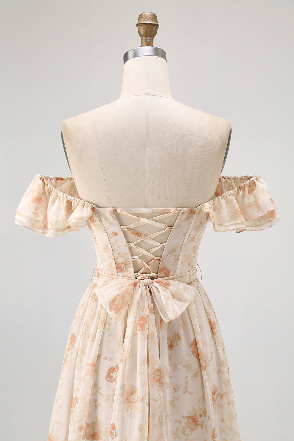 Champagne Floral Ruffled Corset A Line Bridesmaid Dress With Slit