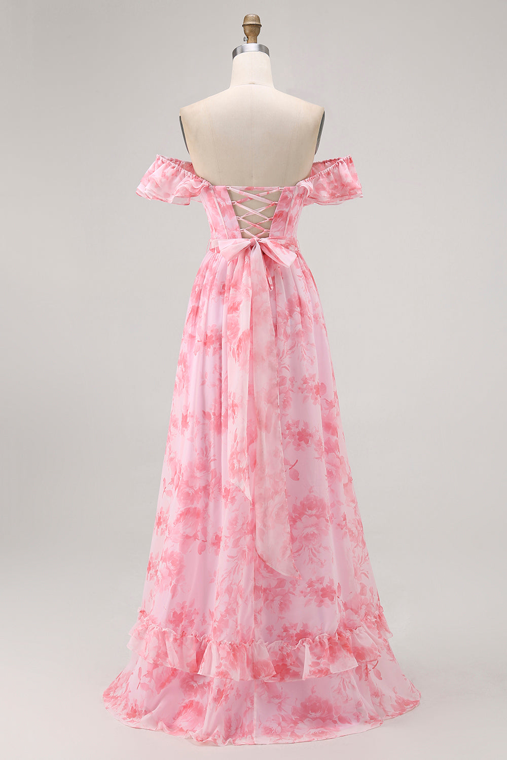 Champagne Floral Ruffled Corset A Line Bridesmaid Dress With Slit