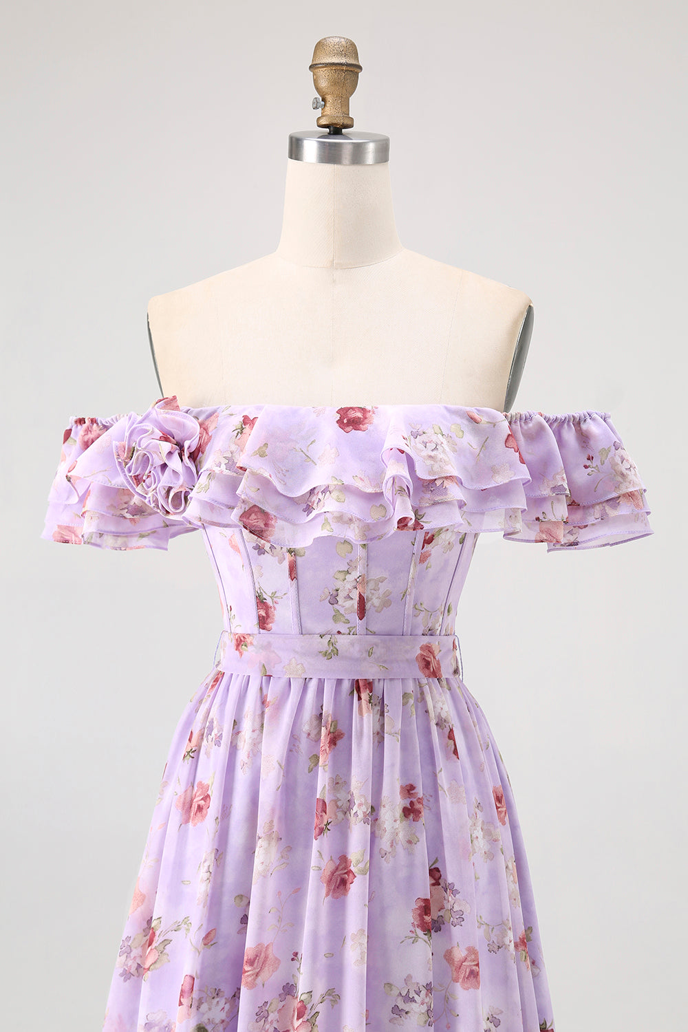 Champagne Floral Ruffled Corset A Line Bridesmaid Dress With Slit