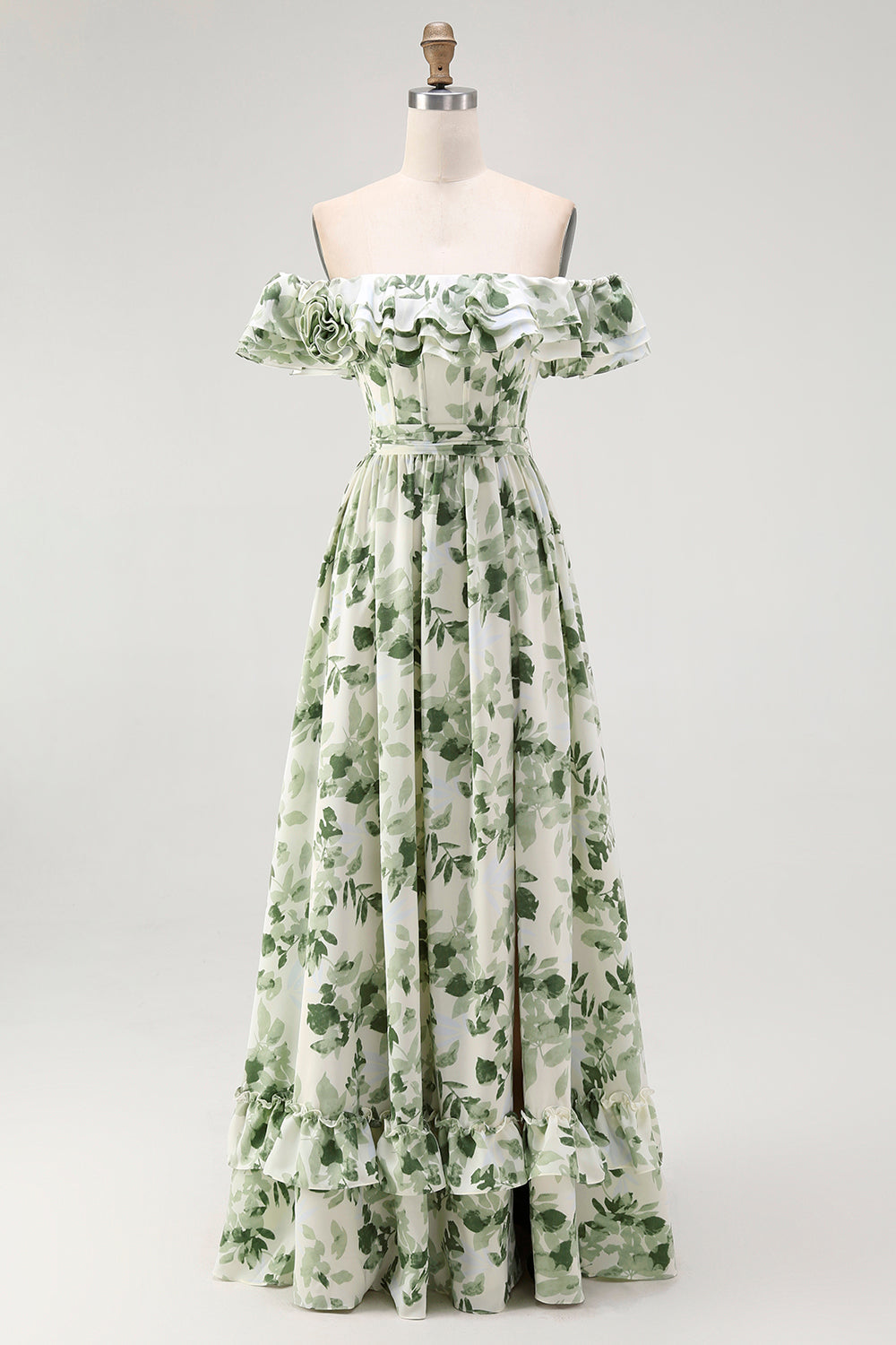 Green Floral Corset A Line Off The Shoulder Ruffled Long Bridesmaid Dress