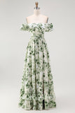 Green Floral Corset A Line Off The Shoulder Ruffled Long Bridesmaid Dress