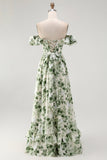 Green Floral Corset A Line Off The Shoulder Ruffled Long Bridesmaid Dress