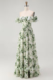 Green Floral Corset A Line Off The Shoulder Ruffled Long Bridesmaid Dress