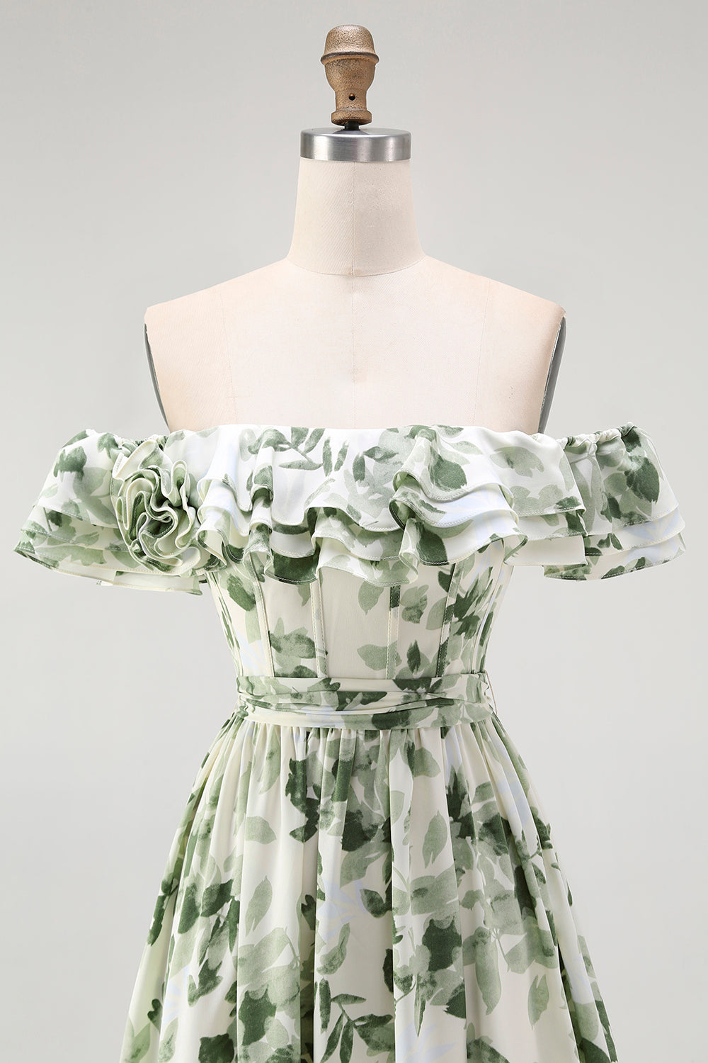 Green Floral Corset A Line Off The Shoulder Ruffled Long Bridesmaid Dress