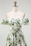 Green Floral Corset A Line Off The Shoulder Ruffled Long Bridesmaid Dress