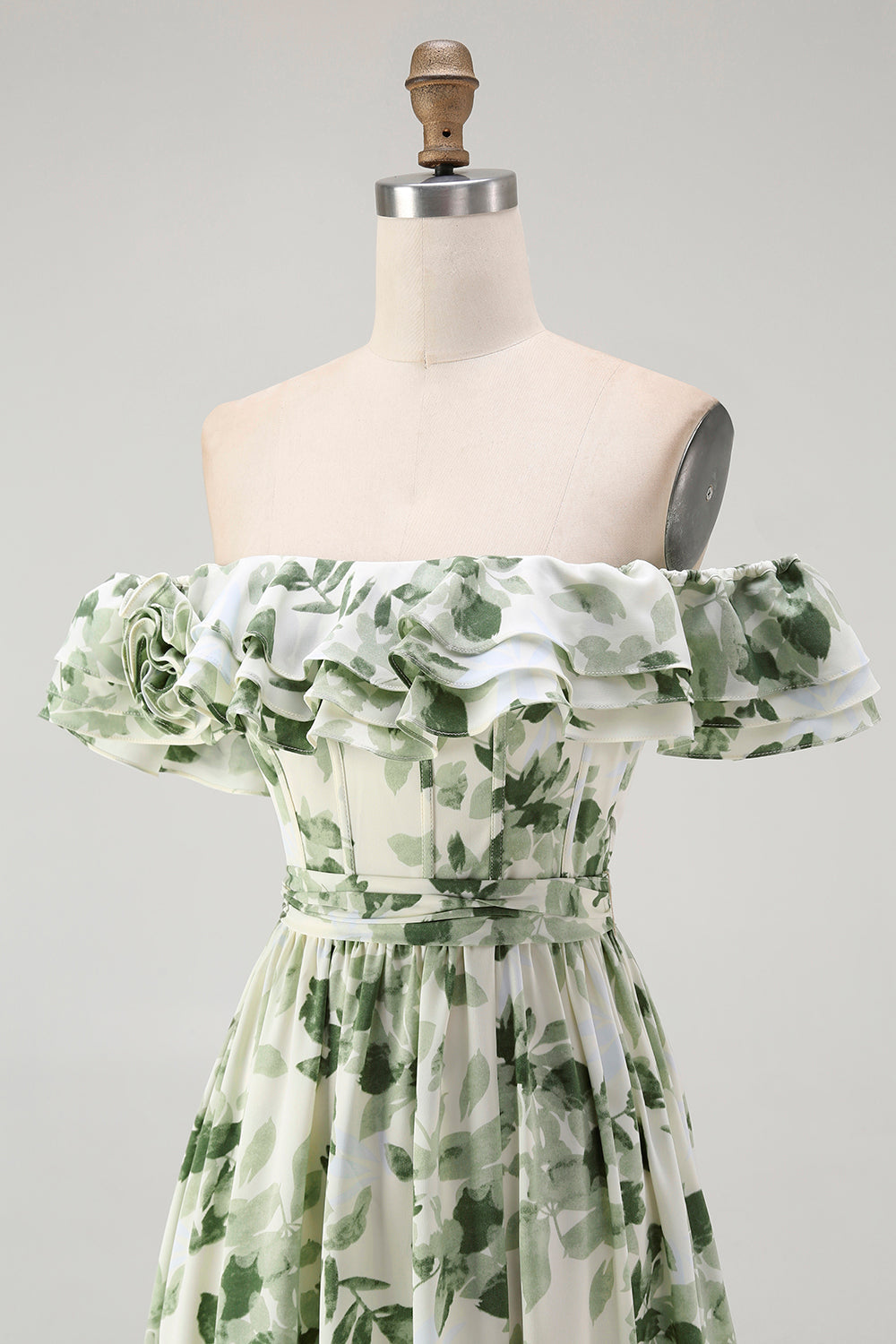 Green Floral Corset A Line Off The Shoulder Ruffled Long Bridesmaid Dress