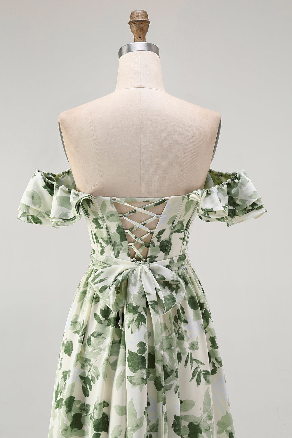 Green Floral Corset A Line Off The Shoulder Ruffled Long Bridesmaid Dress