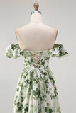 Green Floral Corset A Line Off The Shoulder Ruffled Long Bridesmaid Dress